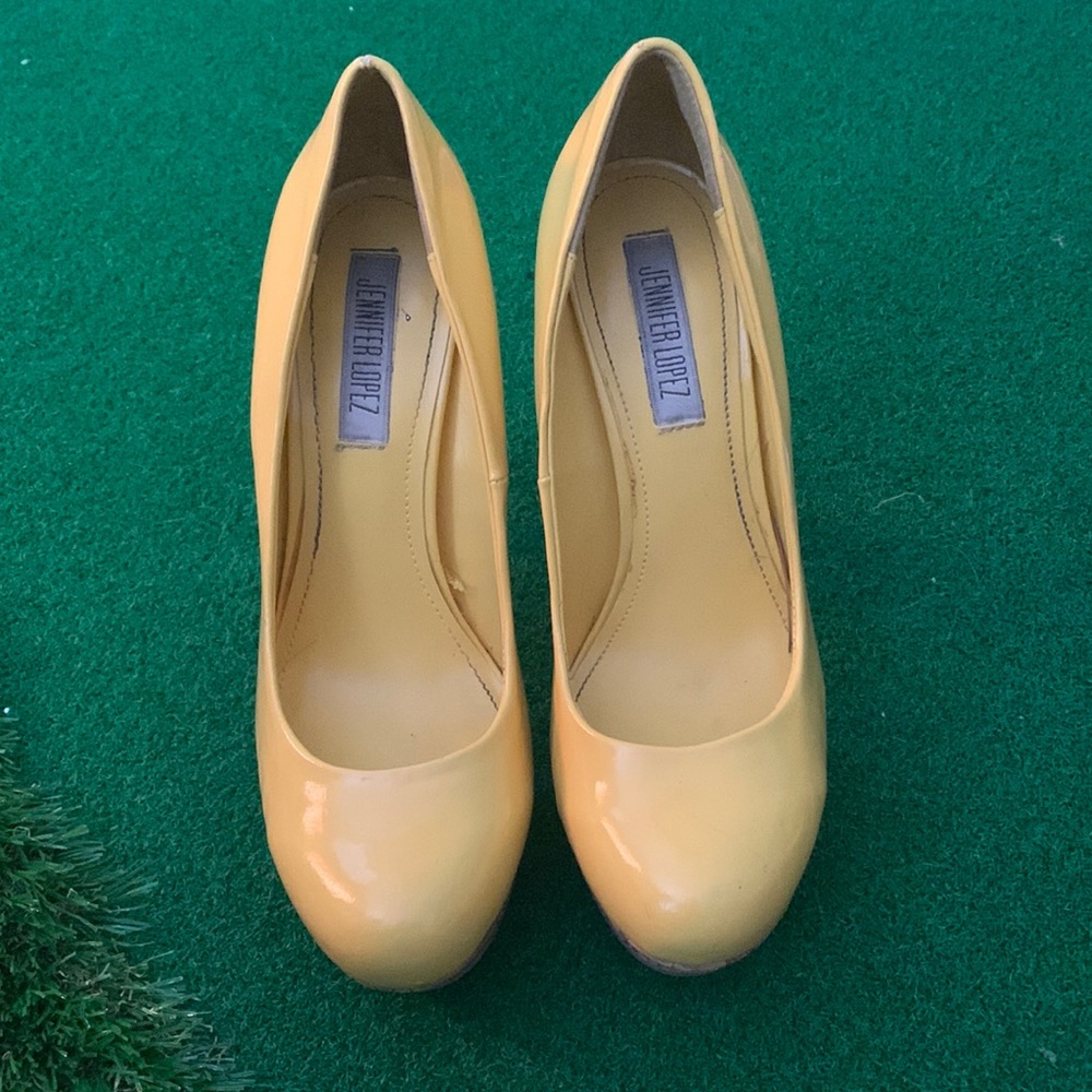 Yellow and cork high heels